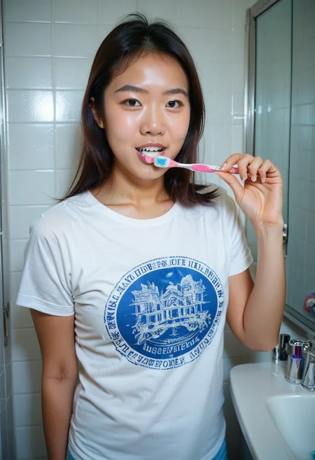 score_9, score_8_up, score_7_up, detailed, masterpiece, photorealistic, asian, hetero, 1girl, highres, bru5ht33th, toothbrush, realistic, brushing teeth, in a bathroom, white t-shirt