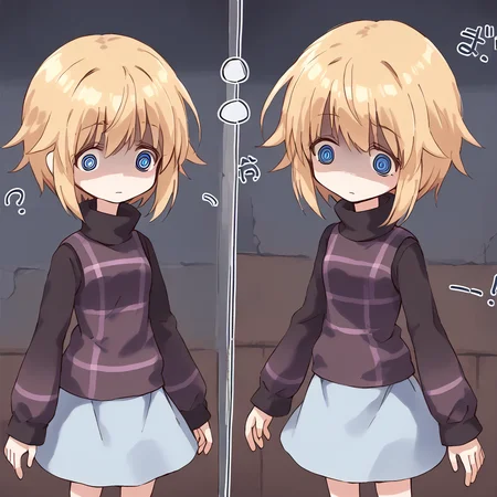 solo
<lora:Urotsuki:1> short hair, skirt, blonde hair, long sleeves, turtleneck, blue eyes
<lora:TraumatizedGotoh_pdxl_Incrs_v1:0.8> @ @, shaded face