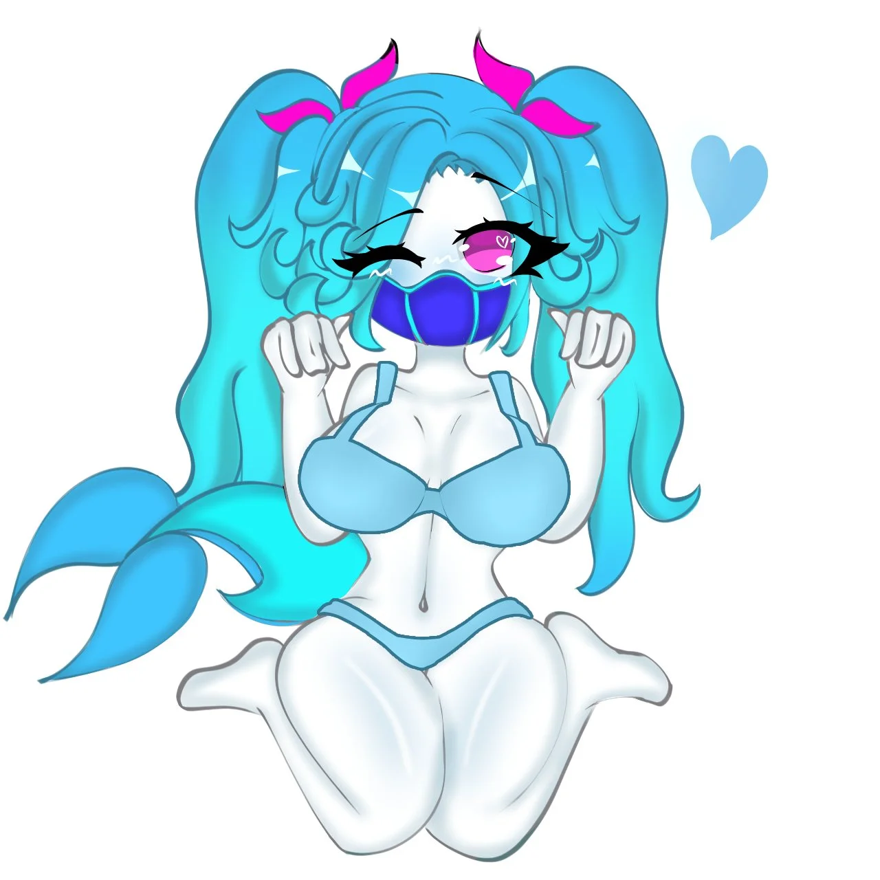 Masterpiece, High quality, OC, Female Adult woman, 1girl, solo, half sea creature, half human, white pale skin, light blue hair, two ponytails, two pink bows on ponytails, pink eyes, big breasts, Blue mouth metal mask, long blue sea fish tail, Light blue bras, Light blue bikini