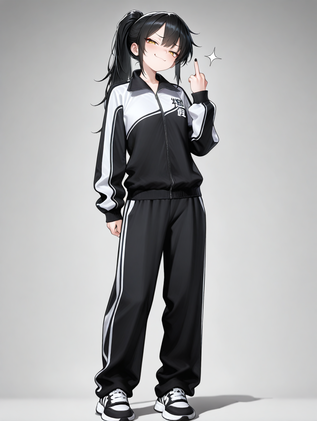 1girl,solo,(full body:1.3),<lora:xiaofu:1>,naughty_face,smug,looking_at_viewer,black xiaofu jacket,black xiaofu pants,vertical middle finger,, masterpiece,best quality,amazing quality,