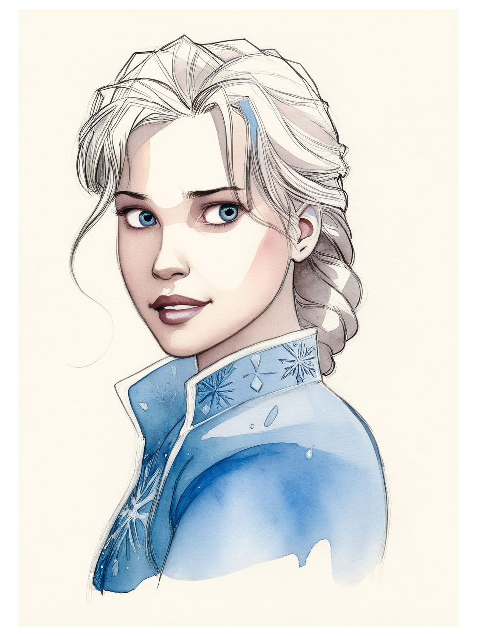 Elsa from Frozen, watercolor, illustration by Jean-Pierre Gibrat <lora:byJeanPierreGibratXL:1>