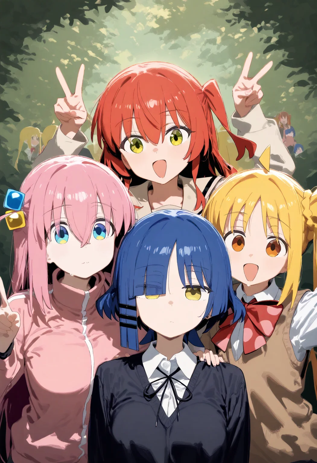 4girls, multiple girls, gotoh hitori, ijichi nijika, kita ikuyo, yamada ryo, bocchi the rock!, ahoge, black shirt, blank eyes, blonde hair, blue eyes, blue hair, brown sweater, collared shirt, cube hair ornament, detached ahoge, empty eyes, green eyes, hair ornament, hairclip, kessoku band, long sleeves, looking at viewer, medium hair, mole, mole under eye, one side up, pink hair, pink track suit, red eyes, red hair, sailor collar, school uniform, serafuku, shirt, shuka high school uniform, side ahoge, side ponytail, sweater, sweater vest, track suit, white shirt, yellow eyes, painterly, impressionism, faux traditional media, v, double v, waving