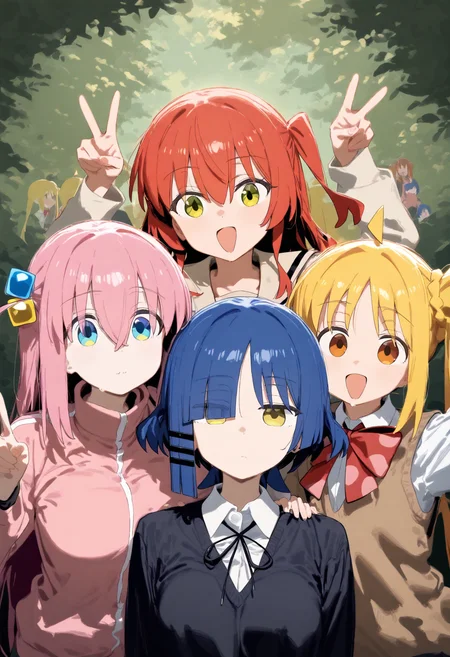 4girls, multiple girls, gotoh hitori, ijichi nijika, kita ikuyo, yamada ryo, bocchi the rock!, ahoge, black shirt, blank eyes, blonde hair, blue eyes, blue hair, brown sweater, collared shirt, cube hair ornament, detached ahoge, empty eyes, green eyes, hair ornament, hairclip, kessoku band, long sleeves, looking at viewer, medium hair, mole, mole under eye, one side up, pink hair, pink track suit, red eyes, red hair, sailor collar, school uniform, serafuku, shirt, shuka high school uniform, side ahoge, side ponytail, sweater, sweater vest, track suit, white shirt, yellow eyes, painterly, impressionism, faux traditional media, v, double v, waving