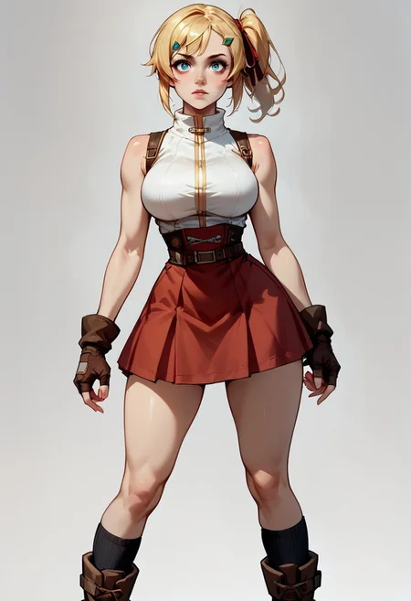 score_9, score_8_up, score_7_up, score_6_up, score_5_up, score_4_up,
solo,
1girl, Emma brightness, \(The Hidden Dungeon Only I Can Enter\), blonde hair, blue eyes, short hair, hair ribbon, side ponytail, hairclip,
red skirt, fingerless gloves, brown gloves, sleeveless, boots, brown footwear, black socks,
large breasts, narrow waist, wide hips,