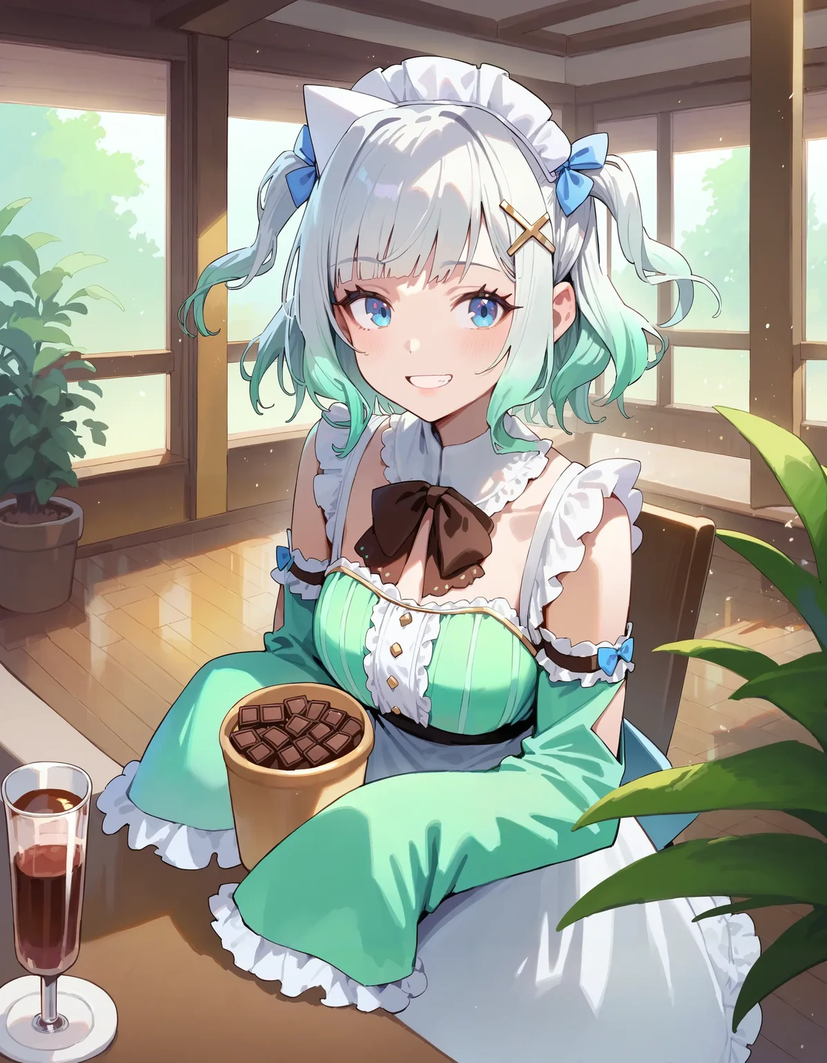 score_9, score_8_up, score_7_up,
1girl, mint fantome \(frilly\), white hair, gradient hair, blue eyes, grin,
frilly, maid headdress, sleeves past fingers, cross hair ornament, two side up, apron,
light particles, dappled sunlight,
cafe, interior, mint chocolate, chocolate, drink, window, potted plant, detached sleeves, ghost,
best quality, masterpiece,
<lora:char_mintfantome-v2-pony_1_res:1>