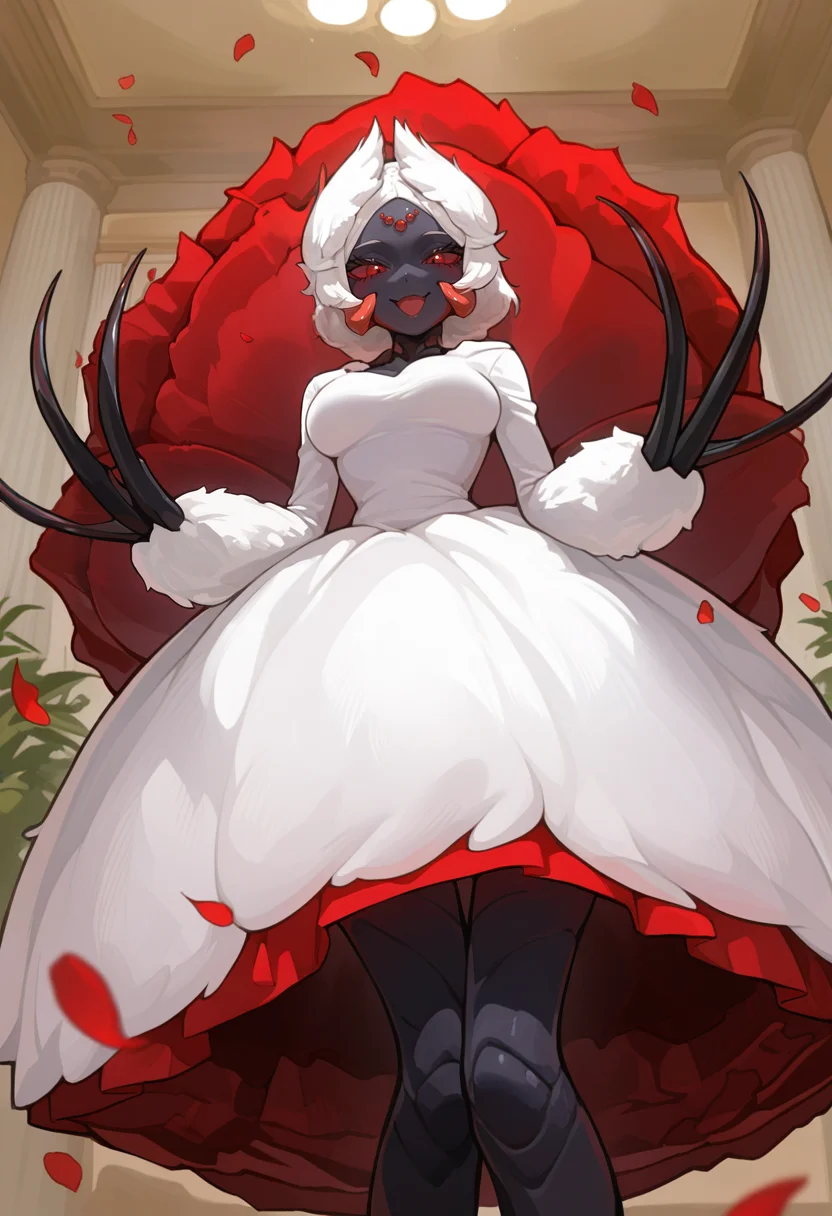 <lora:MH_LalaBarina_a1_58_NoobXL-eps:1>,<lora:EatSleep1111StyleSDXL11:0.7>,<lora:merrytailSDXLstyle:0.3>,eatsleep1111,merrytail,masterpiece,best quality,amazing quality,high quality,very aesthetic,absurdres,newest,shaded,digital media \(artwork\),depth of field,solo,animal humanoid,female,detailed background,ballroom,bloomed abdomen,claws,three-quarter view,forehead gem,3 fingers,side view,three-quarter portrait,black skin,red fake mandibles,open smile,long dress,hair ornament,action pose,petals,low-angle view,