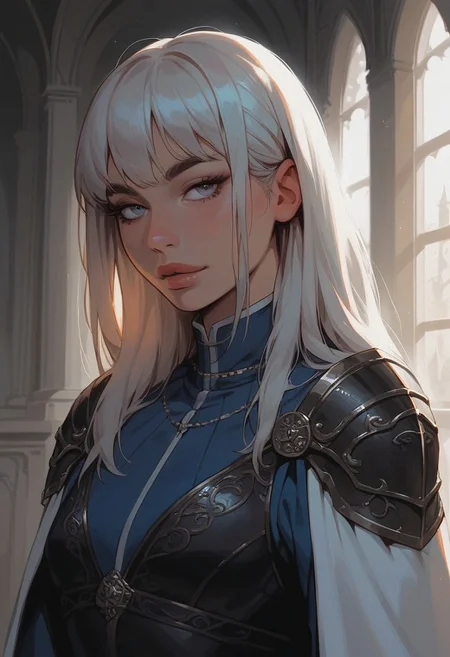 score_9, score_8_up, score_7_up, score_6_up, solo, light hair, tan skin, (big lips:0.8), bangs, blue shirt, sleeves, small breasts, indoors, castle, dark eyebrows, proud, detailed, confident, toned body, belts, duelist, elegant, fancy clothing, (close up:1.2), g0thicPXL, shoulder armor, black armor, intricate, sunlight, portrait,  fully clothed, silver cape, eyepatch, fine details