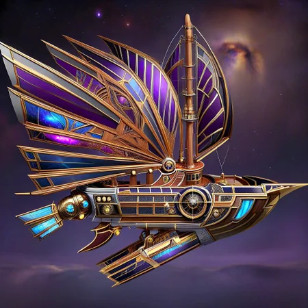 lumenarium, flying ship at space, big purple sail like solar panels, stary sky, aether nebulas, realistic, wooden hull with metal elements, blue glowing energy sail:3, gold metal, hight tech, steampunk, wings like solar panels, tpship, metal plates, wooden boards, side view, ais-artdeco, contrast