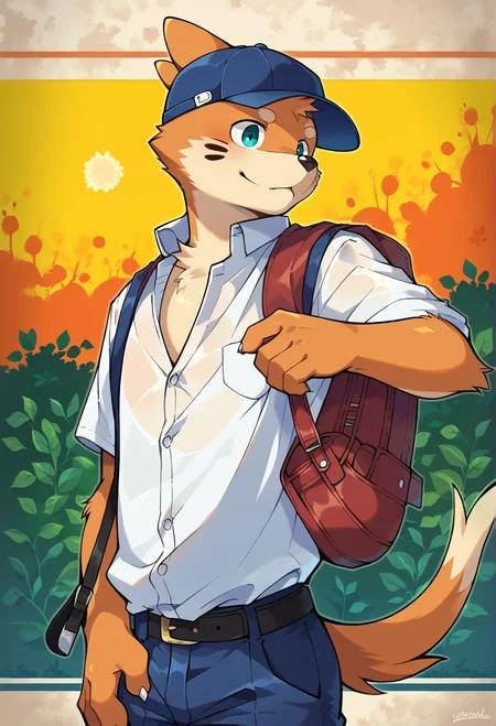 score_9, score_8_up, score_7_up, rating_safe, anthro, 1boy solo, furry, buizel, school uniform, gakuran, male school uniform,AddXL,ITMStyle, dynamic background, detailed background, outside, baseball hat, open uniform, white shirt with his favorite baseball team logo, baseball in his hand,