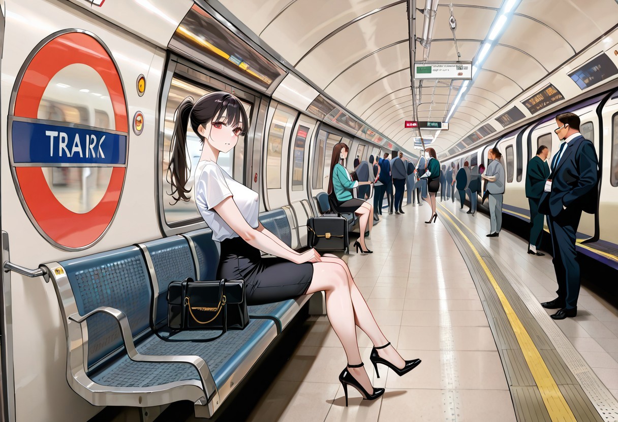 (masterpiece, newest, high quality, best quality, very awa, very aesthetic, ultra detailed, realistic), from side, hyperrealistic, (UHD quality details), wide shot, tube_platform, bench, train, tfl_sign, crowded_platform, people, multiple girls,  1girl, sitting, looking at viewer, ponytail, pencil skirt, highheels, bag, white blouse, medium breasts, erect nipples, indoors, depth of field, 8k uhd, absurdres, volumetric lighting, tack sharp focus, beautiful composition, intricate detail, professional illustration