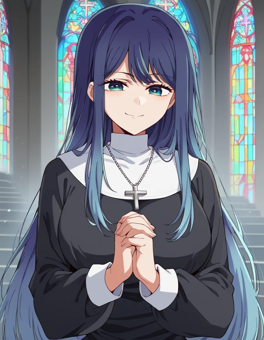 score_9, score_8_up, score_7_up, source_anime, <lora:akane-kurokawa-s2-ponyxl-lora-nochekaiser:1>, akane kurokawa, long hair, bangs, blue eyes, large breasts, black hair, blue hair, multicolored hair, gradient hair,, <lora:traditional-nun-ponyxl-lora-nochekaiser:1>, traditional nun, nun, habit, long sleeves, dress, black dress, jewelry, black veil, cross, cross necklace,, church, smug, praying,, cowboy shot