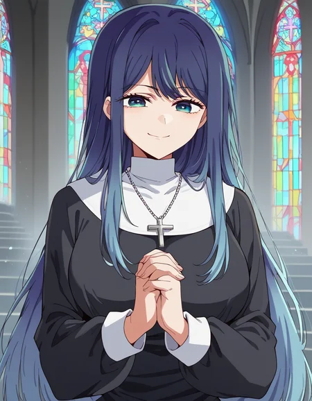 score_9, score_8_up, score_7_up, source_anime, <lora:akane-kurokawa-s2-ponyxl-lora-nochekaiser:1>, akane kurokawa, long hair, bangs, blue eyes, large breasts, black hair, blue hair, multicolored hair, gradient hair,, <lora:traditional-nun-ponyxl-lora-nochekaiser:1>, traditional nun, nun, habit, long sleeves, dress, black dress, jewelry, black veil, cross, cross necklace,, church, smug, praying,, cowboy shot