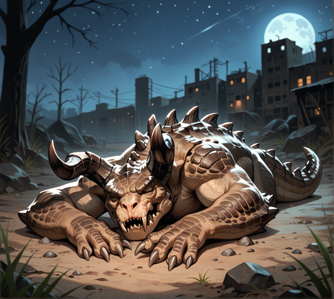 safe_pos, score_9_up,score_8_up,score_7_up,score_6_up,score_5_up,score_4_up, masterpiece, high quality, digital painting, rating_explicit, source_furry, source_monster, zPDXL3, BREAK, wasteland, ((blurry background)), dark, (night), wasteland, (laying down), cute, ((curled up)), (sleeping), (closed eyes), stars, holding tail,  d3athclaw, monster, creature, scales, textured skin, horns, sharp teeth, spikes, fangs, muscular, full body, from above, 
<lora:Deathclaw for Pony_v2:0.7>, <lora:seaart-quality-v1:1>, <lora:AdvancedEnhancerXLv2:1>
