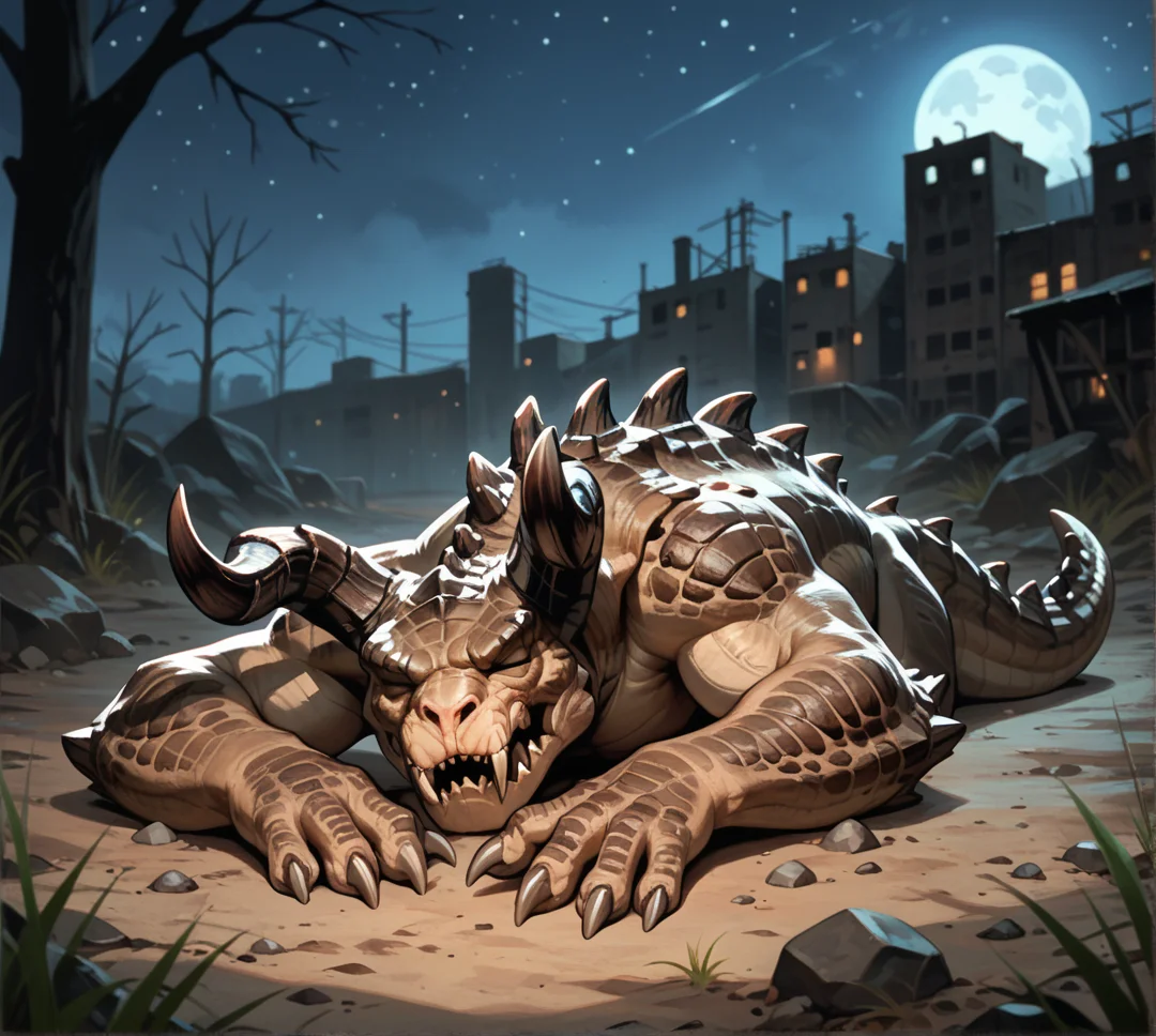 safe_pos, score_9_up,score_8_up,score_7_up,score_6_up,score_5_up,score_4_up, masterpiece, high quality, digital painting, rating_explicit, source_furry, source_monster, zPDXL3, BREAK, wasteland, ((blurry background)), dark, (night), wasteland, (laying down), cute, ((curled up)), (sleeping), (closed eyes), stars, holding tail, d3athclaw, monster, creature, scales, textured skin, horns, sharp teeth, spikes, fangs, muscular, full body, from above,
<lora:Deathclaw for Pony_v2:0.7>, <lora:seaart-quality-v1:1>, <lora:AdvancedEnhancerXLv2:1>