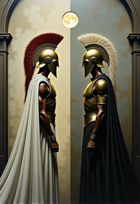 0n1r1c, Create a dramatic impasto painting with drips and painterly smudges of two majestic warriors, inspired by Achilles, the central character in Homer's Iliad, wearing futuristic, metallic full-body armor with a complex, segmented design.
The painting is divided vertically into three sections.
The left section, only white, is dominate from Paris, his
warrior's helmet should have a striking red horsehair crest.
The background of this left section is a light white.
The middle section, only light gray, showcases a high, arched window below the upper edge of the painting, through which the moon shines.
The background of this middle section is a light gray.
The right section, only dark gray, is dominate from Achilles, his warrior's helmet should have a striking white horsehair crest.
The background of this right section is a dark gray.
Both helmets reminiscent of ancient Greek soldiers.
Both armors should have multiple plates and reinforcements, covering the entire body and combining both ancient and modern aesthetics.
The shoulder plates and bracers of both armors should feature additional plating with gold accents. Both warriors should wear long, flowing black capes, adding a touch of royalty. Their overall appearance should exude strength, nobility, and a harmonious blend of the antique and the modern. Set the scene in a dark, grand hall with high, arched windows in the background. The painting should emphasize a combination of ancient grandeur and a futuristic, modern, and abstract style, with dramatic lighting features in a monochromatic scheme, primarily in shades of black, white, and gray.
