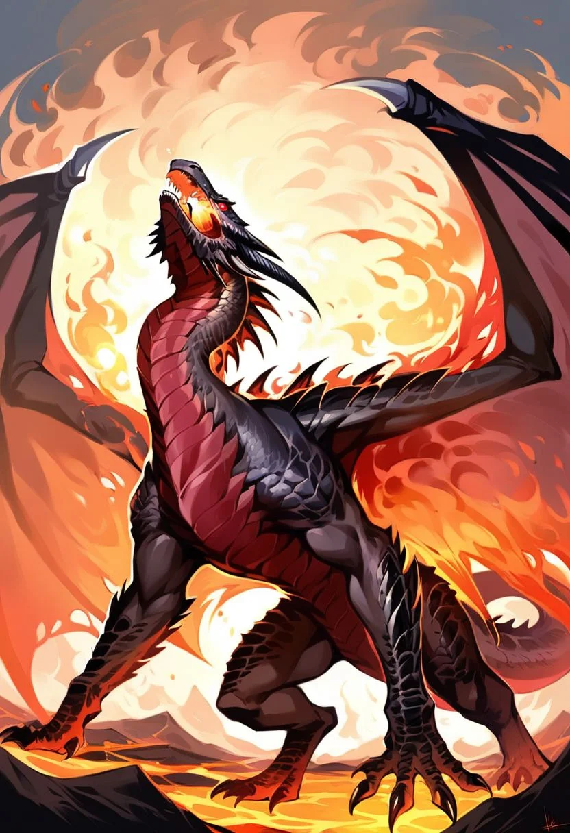 score_9, score_8_up, score_7_up, source_anime, Massive Fire Elemental dragon, feral dragon, Red skin, black scales, in all fours, roaring, bipedal legs, tattered wings, glowing red eyes, lava background, (fire breathing:1.1), (detailed image, high resolution, 5k resolution:1.0), (fantasy art style, anime art style:0.90)