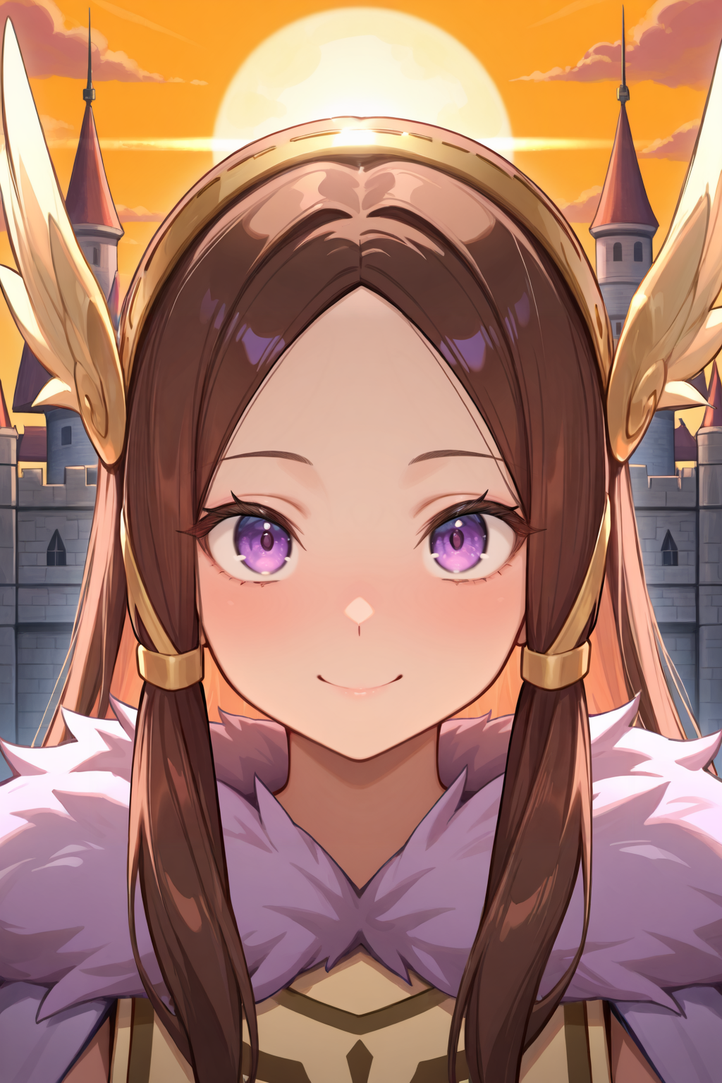 masterpiece, very aesthetic, absurdres, best quality, amazing quality, high resolution, newest, very awa, <lora:illustrious_quality_modifiers_masterpieces_v1:0.8> , <lora:ChamIllustriousBackgroundEnhancer:0.5>,  (solo),    <lora:ValkyrieYggdraIL:0.8> ,  valkdef, 1girl, purple eyes, brown hair, long hair, winged hairband, fur cloak, yellow tunic, ((face, close-up, portrait)), exterior, sun, castle, ramparts, looking at viewer, smile,