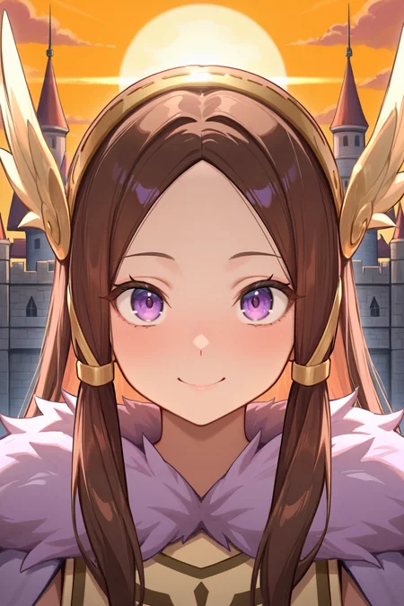 masterpiece, very aesthetic, absurdres, best quality, amazing quality, high resolution, newest, very awa, <lora:illustrious_quality_modifiers_masterpieces_v1:0.8> , <lora:ChamIllustriousBackgroundEnhancer:0.5>,  (solo),    <lora:ValkyrieYggdraIL:0.8> ,  valkdef, 1girl, purple eyes, brown hair, long hair, winged hairband, fur cloak, yellow tunic, ((face, close-up, portrait)), exterior, sun, castle, ramparts, looking at viewer, smile,