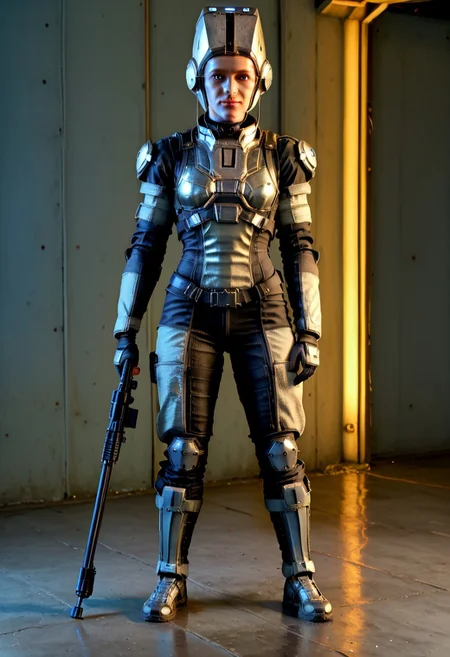 badass Corpus, corpus crewman, Tan and black corpus suit, corpus tileset, 1boy, wearing cirpus crewman outfit, wearing corpus crewman helmet, helmet covering face, face fully covered, holding gun, holding dera rifle, Dera, corpus gun, gun, dera rifle, dera gun,
(Corpus helmet, wearing helmet, wearing corpus helmet), , (dark shot:1.17), ((epic)) realistic, faded, , art, (hdr:1.5), (muted colors:1.2), hyperdetailed, (artstation:1.5), cinematic, warm lights, dramatic light, (intricate details:1.1), complex background, (rutkowski:0.8),((full body:1.9)), by Blizzard entertainment, big armor, l, wearing corpus helmet, low light, facing camera, lot of details, detailed armor, half side portrait, on corpus tileset, (night time),