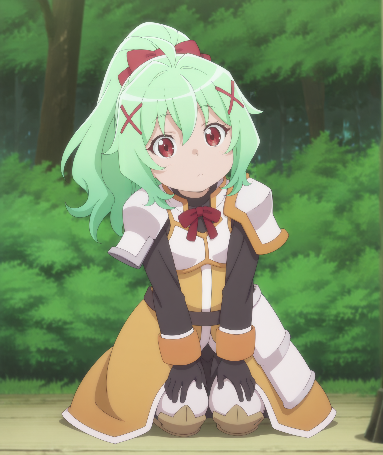 official art, absurdres, highres, anime coloring, hi res, best quality, masterpiece, 2d, intricate details, 4k, shadow,
1girl, solo, female, chibi, aged down, long hair, ponytail, ahoge, green hair, red eyes, 
bow, hair bow, hair ribbon, ribbon,
armor, gloves, hair ornament, x hair ornament, yellow dress, darkness \(konosuba\) \(cosplay\), 
contrapposto, looking at viewer, sitting, hands on own knees, 
depth of field, blurry background, blurry, forest, <lora:Komoe_(Character)_ILXL:1>