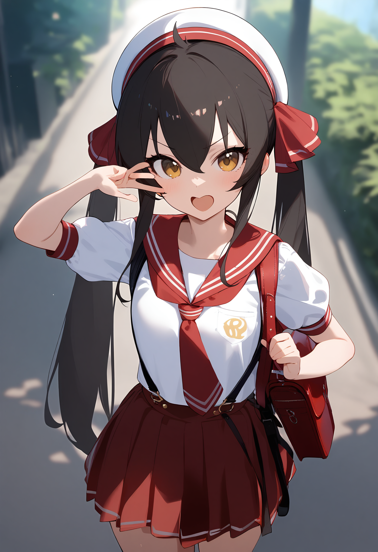 1girl,beret,blush,matoba risa,open mouth,solo,white headwear,looking at viewer,red skirt,serafuku,suspender skirt,white shirt,pleated skirt,puffy short sleeves,necktie,outdoors,red sailor collar,d,neckerchief,randoseru,red ribbon,sailor collar,simple background,v-shaped eyebrows,<lora:a31_char_new_matoba_risa:1>masterpiece, best quality, absurdres<lora:a31_style_koni-000010:0.8>