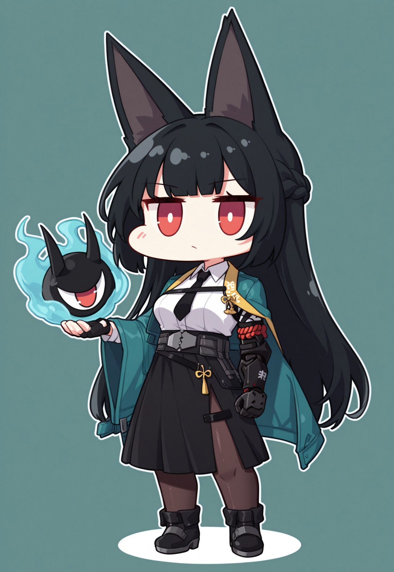 masterpiece,best quality,very aesthetic,absurdres, 1girl, solo, long hair, black hair, red eyes, braid, animal ears, white shirt, necktie, coat, single wide sleeve, asymmetrical clothes, single fingerless glove, single mechanical arm, skirt, side slit, pantyhose,, chibi style, ((extremly long animal ears)), chibi