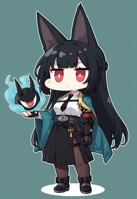 masterpiece,best quality,very aesthetic,absurdres, 1girl, solo, long hair, black hair, red eyes, braid, animal ears, white shirt, necktie, coat, single wide sleeve, asymmetrical clothes, single fingerless glove, single mechanical arm, skirt, side slit, pantyhose,, chibi style, ((extremly long animal ears)), chibi