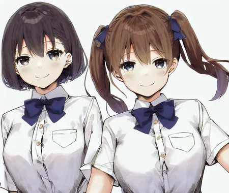 bangs, by sky-freedom, multiple girls, white collared shirt, smile, simple background, anatomy, upper body <lora:skyfreedom-v1-8k-lora:2>