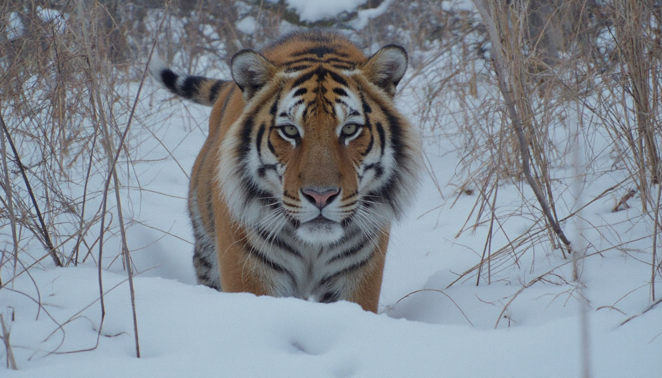 cinematic medium of a tiger seen through tall grass standing on snow, looking at the viewer intensely. Cold soft natural light. High resolution. 2020s movie <lora:dark_cinematic-000080:1>