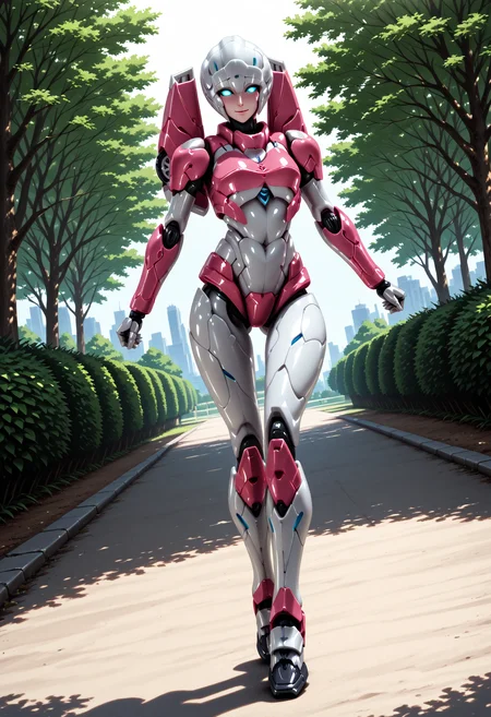 masterpiece, best quality, good quality, very aesthetic, hyper detailed, digital painting, trending on ArtStation, absurdres, newest, 8K, anime screencap, anime coloring, detailed background, offical art, very aesthetics of fine arts, <lora:spo_sdxl_10ep_4k-data_lora_webui:1>, lazypos, <lora:Latex_MBA_style:1>, perfect anatomy, <lora:prompt_extend:1>, <lora:wai-Rectified-s:1>,
<lora:furaiarceeTF-IL:1>, furaiarcee\(transformers\), 1girl, mecha, robot, autobots, blue eyes, glowing eyes, no pupils, breasts, solo, no humans, science fiction, <lora:handPatchUnet:1>, detailed_hands, elegant_fingers, (petite), cute face, makeup, looking at viewer, dynamic angle, full body, smile, outdoors, serene, blush, lovely, cool, front angle, park, looking at viewer, sunlight, clenched hands, running on the path, ultra_beautiful