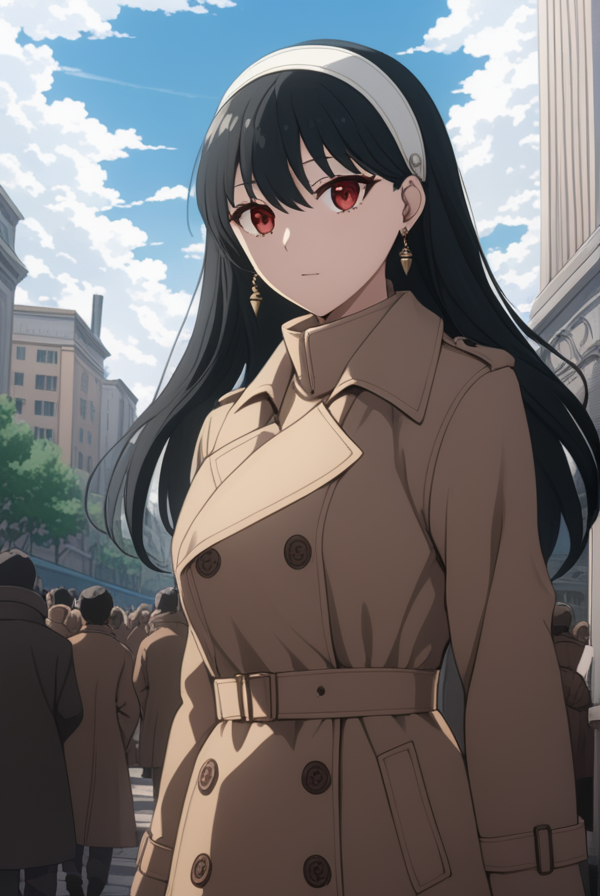 masterpiece, best quality, highres, 4k, 8k, intricate detail, cinematic lighting, amazing quality, amazing shading, soft lighting, Detailed Illustration, anime style,
yorbriar, <lora:yor-briar-s1s2-sdxl-lora-nochekaiser:0.75>,
yor briar, black hair, red eyes, earrings, white hairband, hairband, long hair, sidelocks,
coat, trench coat,
outdoors, cityscape, crowd, people, sky, blue sky, clouds,
looking at viewer, full body, dynamic pose,