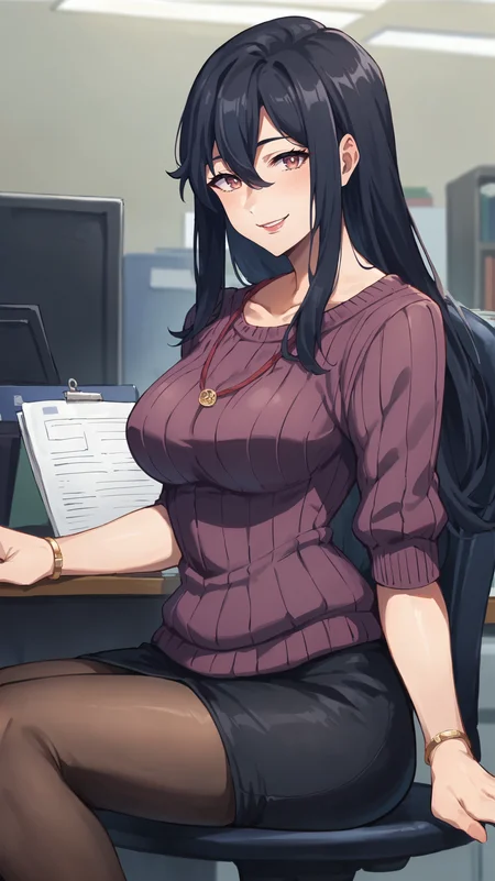score_9,score_8_up,score_7_up,score_6_up, source_anime, zPDXL, <lora:xl_more_art-full_v1:0.5>, mature woman, dynamic pose, <lora:Saori Ootori - Pony-000004:1>, long hair, black hair, purple sweater, purple eyes, black skirt, hair between eyes, pantyhose, medium breasts, office, office chair, sitting, (untucked sweater:1.5), polite smile, light smile,