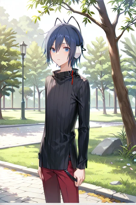 artist:gomzi,artist:wanke,artist:diyokama, rei_(sanbonzakura),[[artist:fuzichoco]],year 2023, 
park, solo, 1boy, male focus,
protagonist \(devil survivor\), blue hair, blue eyes, cat ear headphones, short hair,
black sweater, pinstripe sweater,
red pants, <lora:ds_majorcharacters.ilxl:0.8>