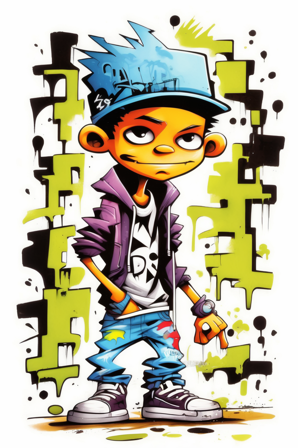 <lora:Skottie Young Style:1>Skottie Young Style - boy graffiti art illustration on a white background