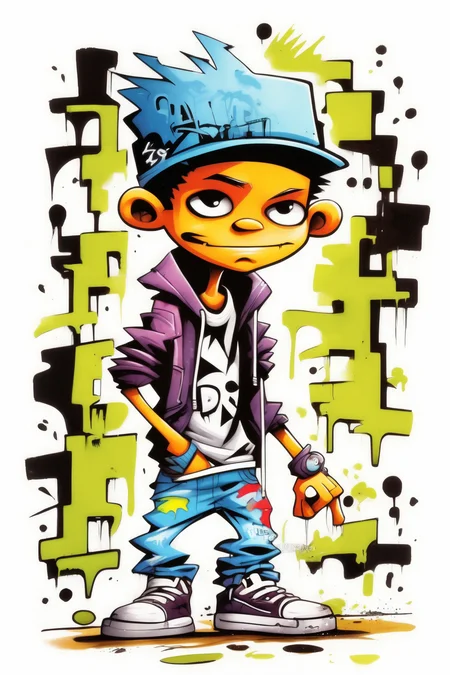 <lora:Skottie Young Style:1>Skottie Young Style - boy graffiti art illustration on a white background