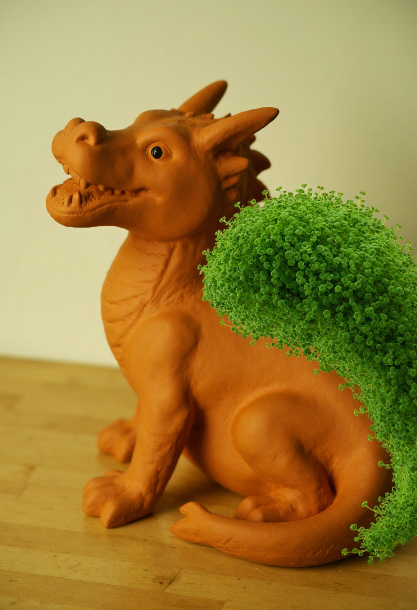 <lora:Chia_Pet_Planter_FLUX-000013:0.9>
Photograph of a terracotta color clay dragon, adorned with a lush, vibrant green plant. It is is sitting on a table.