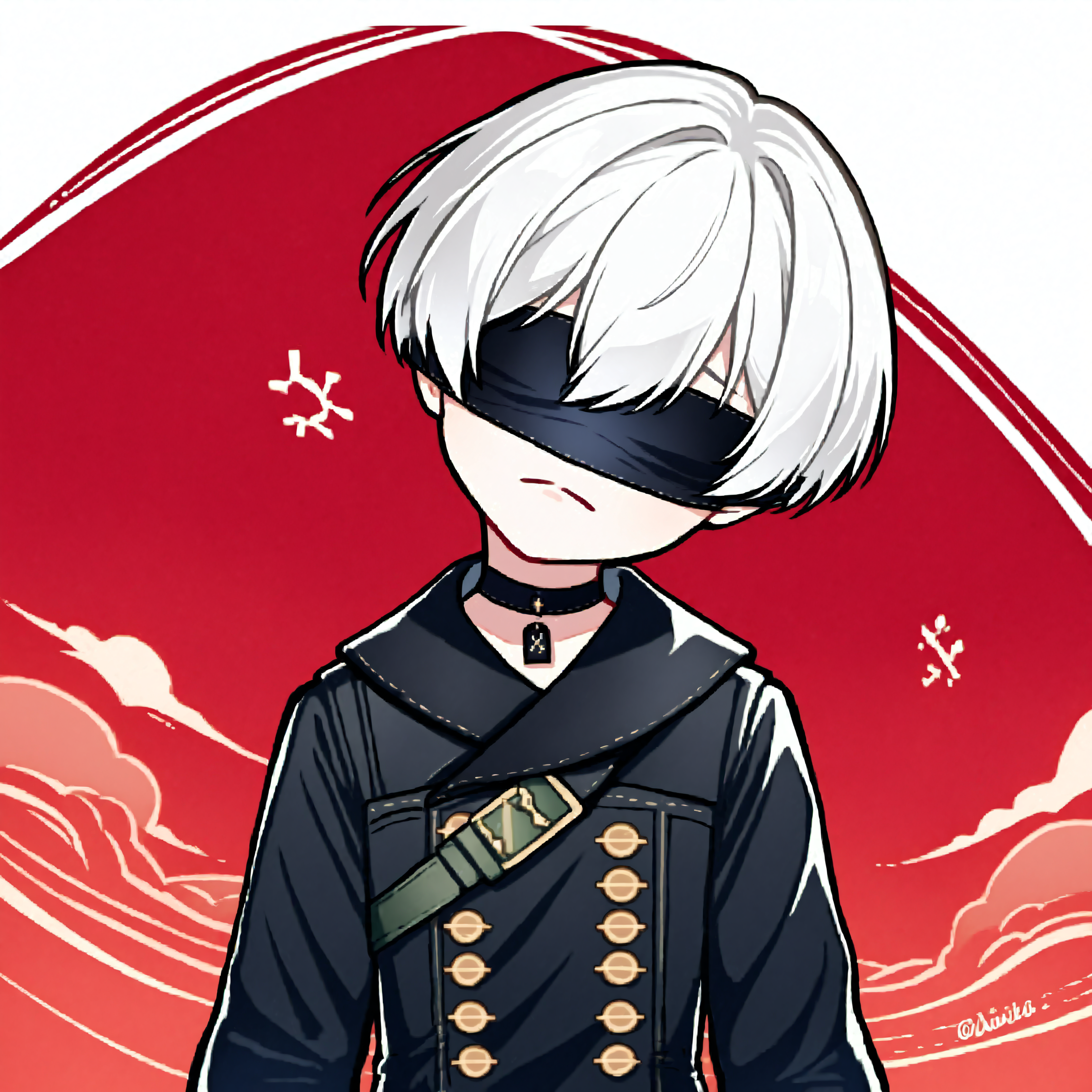score_9, score_7_up, source_anime, uncensored, head tilt, atmospheric perspective, red background, nervous, floating island, evening,
<lora:NierAutomata_9S_v1.0:1> 9S, 9s (nier:automata), solo, gloves, shorts, black gloves, white hair, black blindfold, black choker, short hair, kneehighs, long sleeves, black jacket, double-breasted, jacket, buttons
<lora:ponyemotexl:1> Emote , high quality, high res, highly detailed face, white background, chibi, upper body close up