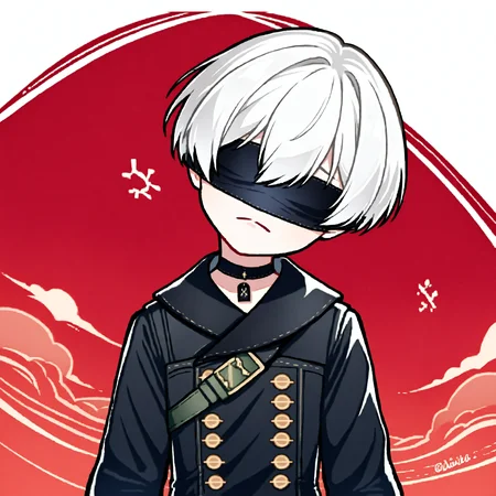 score_9, score_7_up, source_anime, uncensored, head tilt, atmospheric perspective, red background, nervous, floating island, evening,
<lora:NierAutomata_9S_v1.0:1> 9S, 9s (nier:automata), solo, gloves, shorts, black gloves, white hair, black blindfold, black choker, short hair, kneehighs, long sleeves, black jacket, double-breasted, jacket, buttons
<lora:ponyemotexl:1> Emote , high quality, high res, highly detailed face, white background, chibi, upper body close up