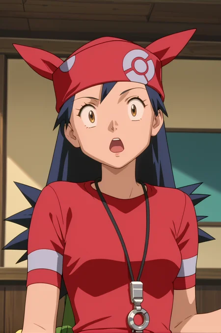 score_9, score_8_up, score_7_up, 1girl, solo, source_anime, anime_screencap, pkmLisa, red bandana, red shirt, brown eyes, <lora:pkmLisa:1> surprised, shocked,
