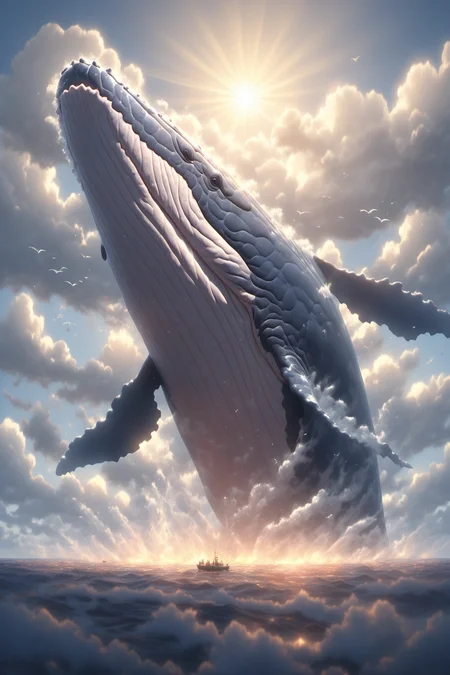 Hyperrealistic art BJ_Sacred_beast,Kun,outdoors,sky,day,cloud,blue_sky,no_humans,bird,animal,sunlight,cloudy_sky,scenery,fish,surreal,whale,
cinematic lighting,strong contrast,high level of detail,Best quality,masterpiece,White background,<lora:SDXL_Sacred_beast:0.7>, . Extremely high-resolution details, photographic, realism pushed to extreme, fine texture, incredibly lifelike
