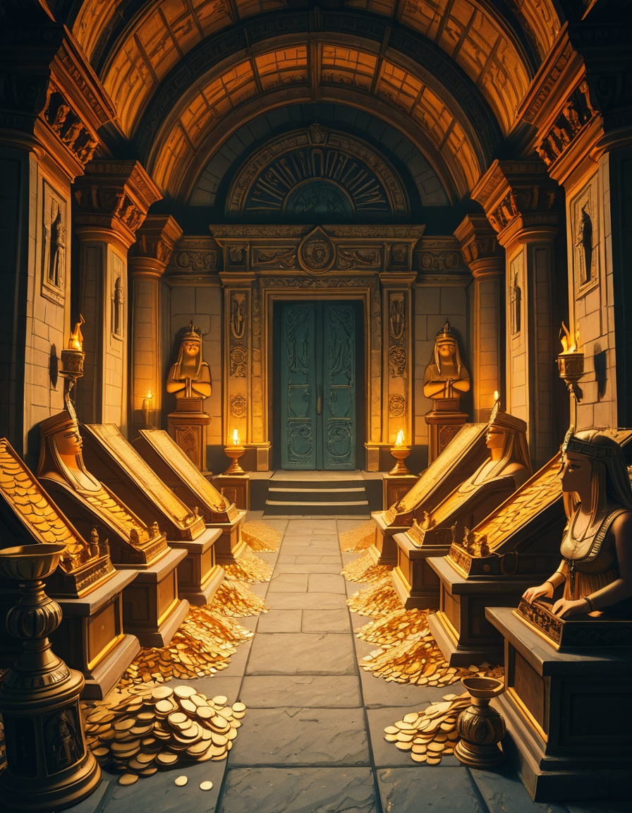 A hidden treasure chamber deep within an ancient temple, illuminated by the warm golden glow of torches and mystical blue light from enchanted crystals. The room is filled with piles of gold coins, jewel-encrusted goblets, and ancient artifacts covered in dust. Massive stone statues of forgotten deities guard the chamber, their eyes glowing faintly as if watching intruders. In the center, a grand pedestal holds a legendary artifactâan ornate golden crown encrusted with emeralds and sapphires, shimmering with an otherworldly aura. The walls are adorned with intricate carvings depicting lost civilizations, and creeping vines hint at centuries of abandonment. The atmosphere is mystical and slightly eerie, with a sense of both wonder and danger. The air is thick with the scent of aged parchment and burning incense, adding to the chamberâs ancient and mysterious feel. Cinematic lighting with dramatic shadows enhances the depth and richness of the scene, creating a visually stunning and immersive environment.
<lora:SDXLFaeTastic2400:0.4> <lora:extremely_detailed:0.4> extremely detailed,treasure ch4mb3r, <lora:treasure_ch4mb3r-i:1>, Masterpiece,best quality,hi res,8k,hi res,8k,award winning,(sharp focus, intricate, highly detailed),