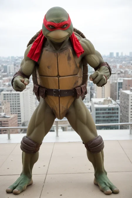 score_9, score_8_up, score_7_up, rating_safe, masterpiece, high quality, ((realistic, source_IRL)), BREAK, full body shot, TMNTRaphael, a teenage mutant ninja turtle, wearing red bandana mask with eye-holes, fight stance, standing on a city rooftop during the day, skyscrapers and rooftops and day sky in the background, <lora:TMNT_AIO_Pony:1>