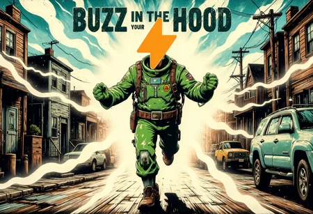 text saying "Buzz in the hood", cute gritty buzz lightyear protecting a SuchBuzzLogo into his arms, running through laser rays, shots fired, outdoors, gangsta neighborhood, shadows, rain, natural lighting, shocked, score_8_up, score_7_up