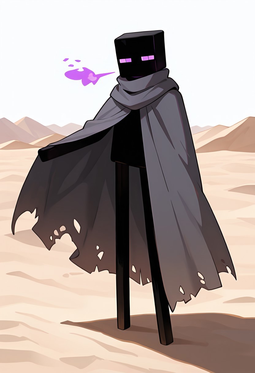 masterpiece, best quality, amazing quality, very aesthetic, absurdres, newest, , detailed background, 
klskx
enderman, no humans, purple eyes, rectangle eyes, , solo, male focus, black skin, no mouth, square head, square body, black head , pokemon (creature), 
in desert, pose, gray scarf, gray cloak, torn cloak, blowing in the winds, strong winds, black sand, white sky, white sand dunes,