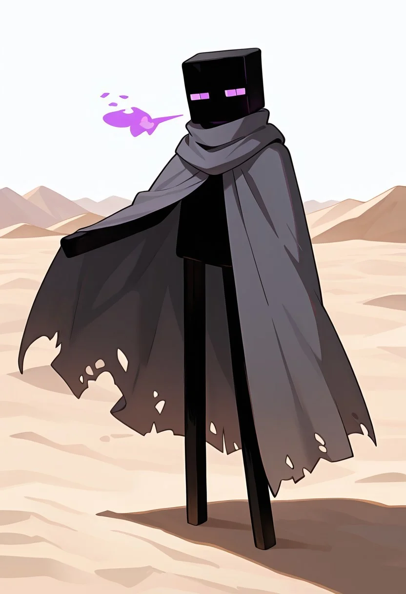 masterpiece, best quality, amazing quality, very aesthetic, absurdres, newest, , detailed background,
klskx
enderman, no humans, purple eyes, rectangle eyes, , solo, male focus, black skin, no mouth, square head, square body, black head , pokemon (creature),
in desert, pose, gray scarf, gray cloak, torn cloak, blowing in the winds, strong winds, black sand, white sky, white sand dunes,