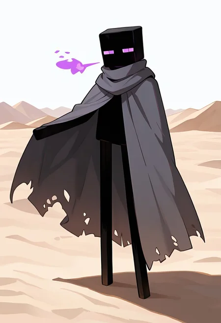 masterpiece, best quality, amazing quality, very aesthetic, absurdres, newest, , detailed background,
klskx
enderman, no humans, purple eyes, rectangle eyes, , solo, male focus, black skin, no mouth, square head, square body, black head , pokemon (creature),
in desert, pose, gray scarf, gray cloak, torn cloak, blowing in the winds, strong winds, black sand, white sky, white sand dunes,