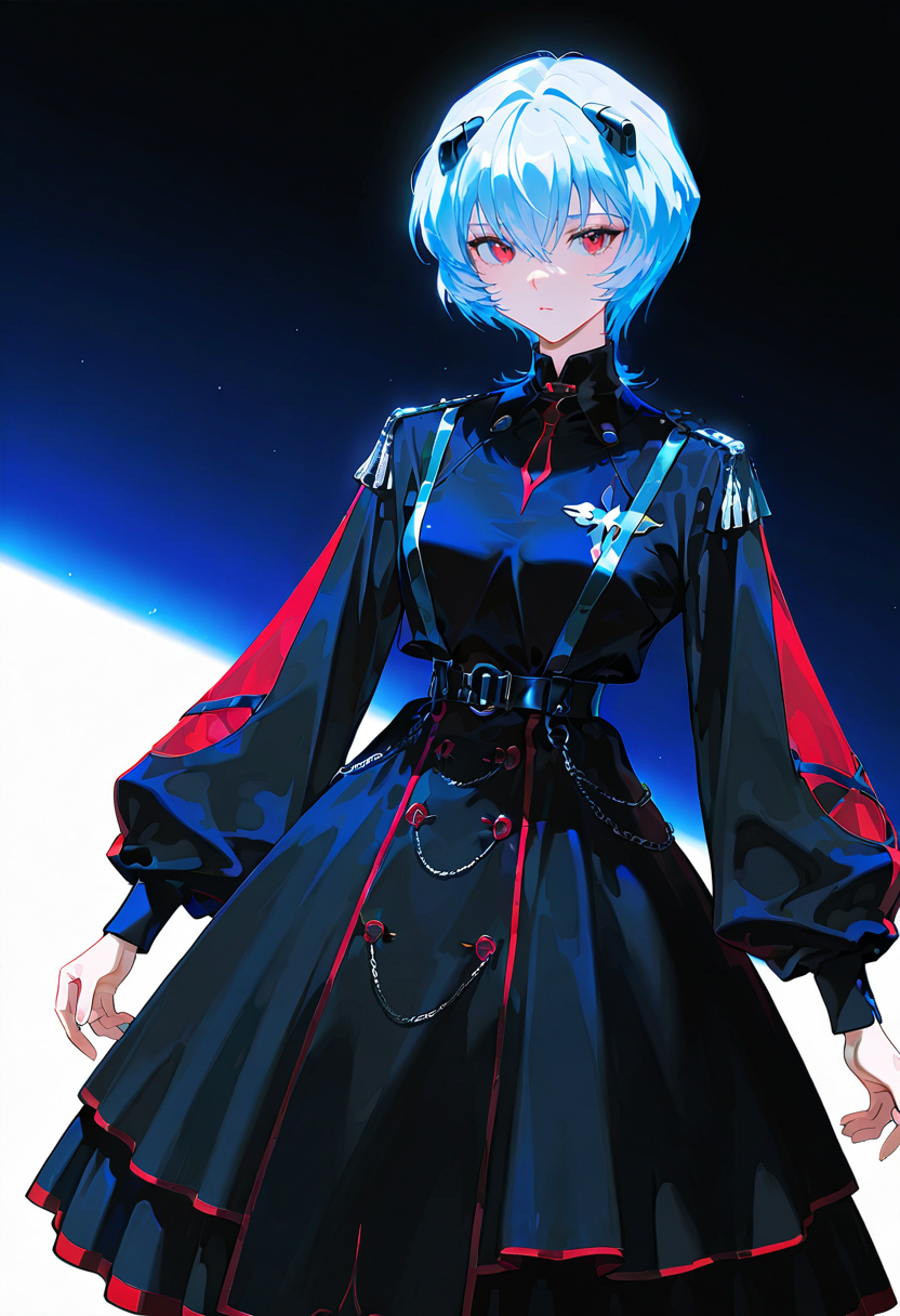 1girl,solo,looking at viewer, echo (circa), m dress, long sleeves, black dress, puffy long sleeves, belt, ayanami_rei