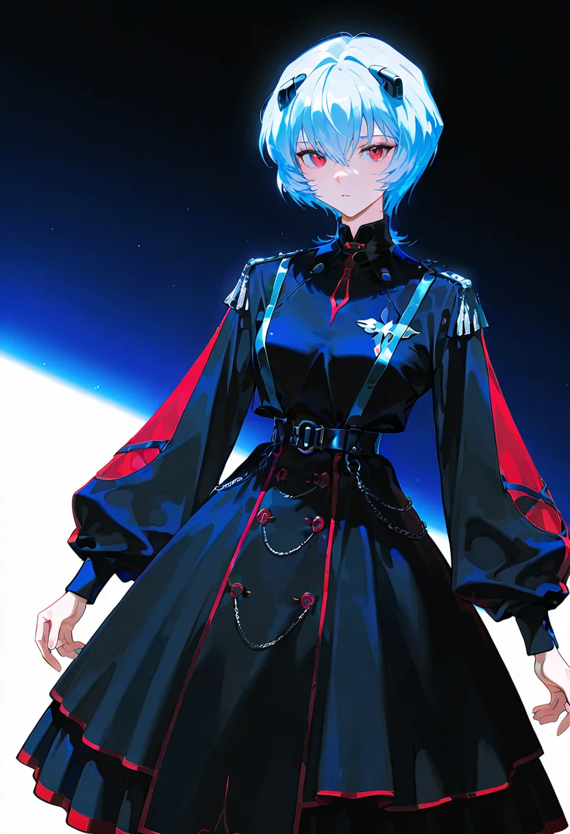 1girl,solo,looking at viewer, echo (circa), m dress, long sleeves, black dress, puffy long sleeves, belt, ayanami_rei