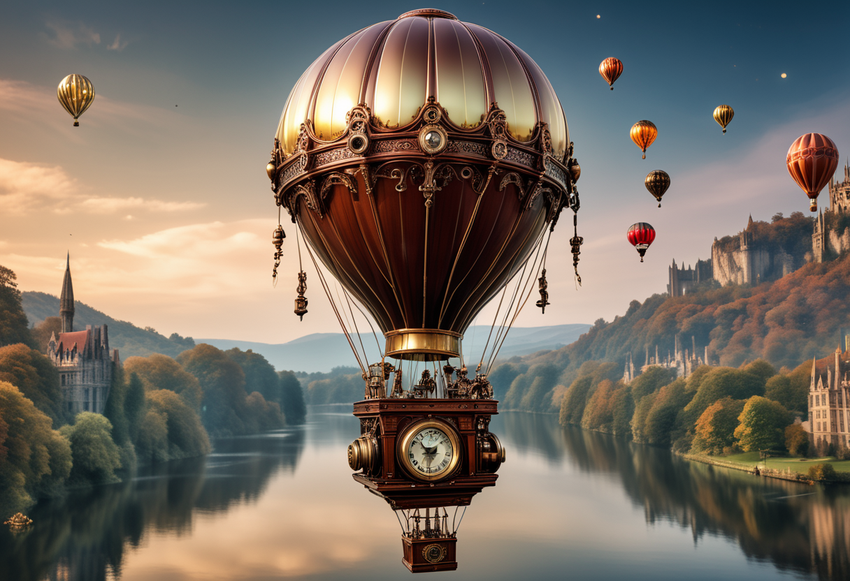 award winning, (professional photo) of (vintage small mahogany steampunk balloon) with brass body,  adorned with clockwork details, the aircraft is flying over  a majestic fantasy realm, with towering castles, shimmering lakes, and landscapes of breathtaking beauty , under the stars, , creative, beautiful, vibrant, masterpiece, 64k, UHD, HDR, full view, atmospheric lighting, extremely detailed