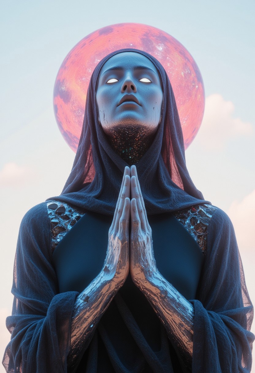 A desolate robotic nun, a fallen relic of faith in a dystopian world, kneels in solemn prayer. Her form is a haunting fusion of divinity and decay—her once-elegant habit, now tattered, clings to her voluptuous frame, its fabric interwoven with frayed circuitry and shattered plating. Glowing fragments of electric blue and crimson pulse weakly beneath her broken exoskeleton, flickering like the last embers of a dying soul. Her face, a delicate yet fractured mask of synthetic porcelain, bears the scars of time, with one eye barely functional, emitting a soft, melancholic glow.
She gazes upwards in silent yearning, her lips slightly parted as if whispering a final prayer to a god who no longer listens. The void above her is infinite—an endless expanse of swirling galaxies, neon storms, and cosmic remnants bleeding into the fractured dystopian skyline. Translucent hues of pink, blue, and green illuminate the scene with a ghostly radiance, casting eerie reflections upon her metallic skin. The air crackles with the remnants of forgotten transmissions, faint glyphs of an ancient faith flickering across her corroded circuits.
Dystopian atmospheric lighting engulfs the scene, shadows stretching unnaturally, wrapping her in an ethereal, almost supernatural presence. The perspective is slightly below, emphasizing her solemn, overwhelming presence—a forgotten saint of machinery and sorrow, kneeling in reverence to the void.